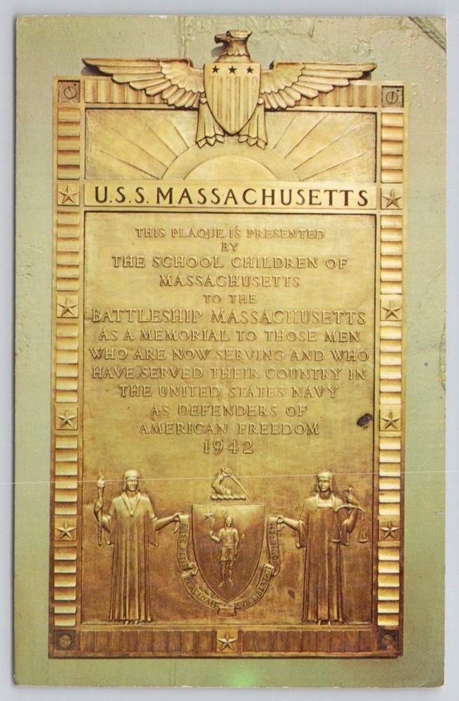 USS Massachusetts WWII Memorial Plaque Postcard 1967 Dexter Press