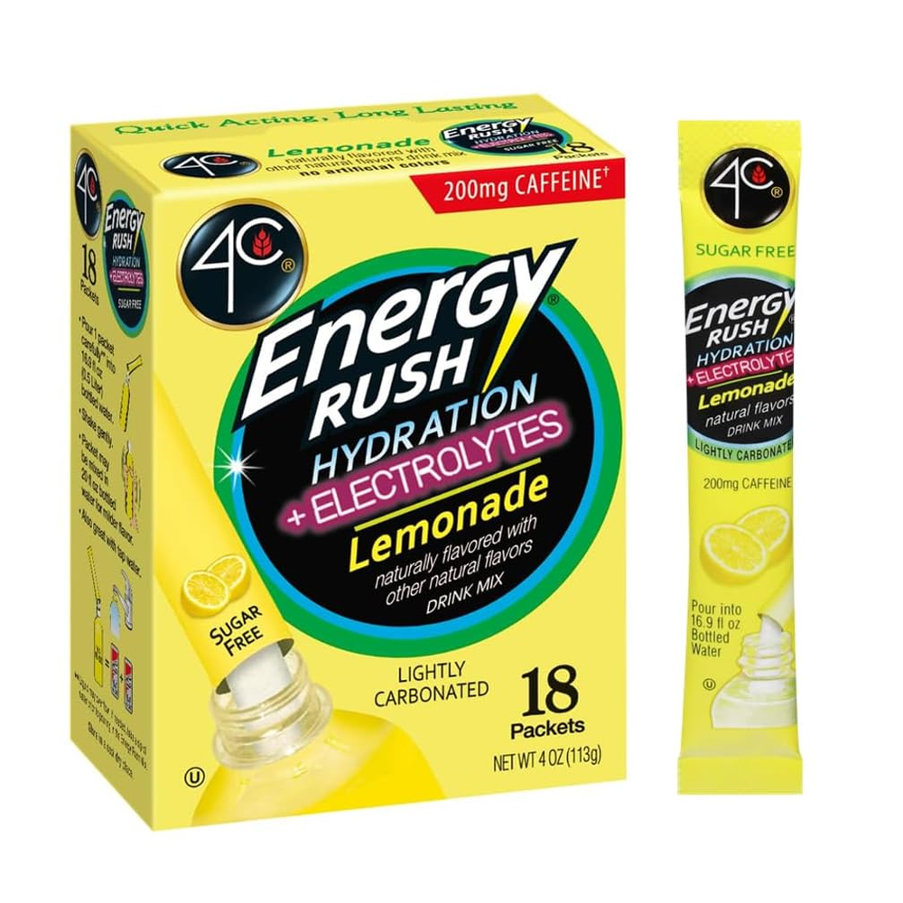 4C Energy Rush PSD with Electrolytes 18Ct Lemonade, Single Serve Water Flavoring