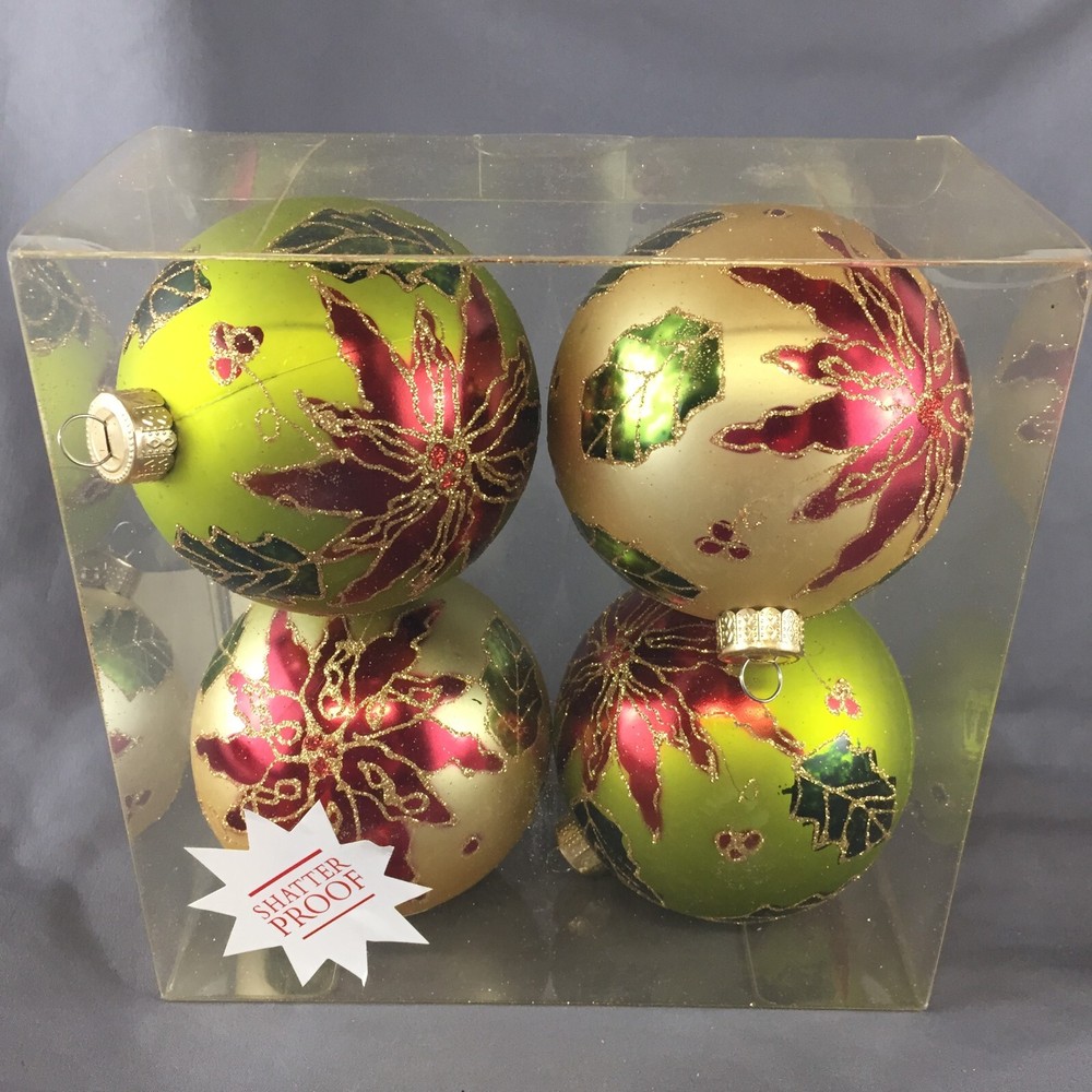 Hobby Lobby Gold/Green Glitter Touch of Woodland Set of 4 Shatterproof Ornaments