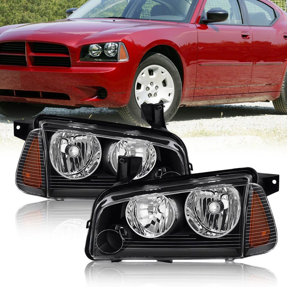 FOR 06-10 DODGE CHARGER BLACK HOUSING AMBER CORNER HEADLIGHT REPLACEMENT PAIR S