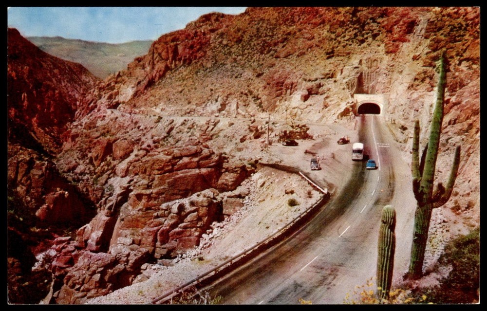 Vintage Queen Creek Tunnel Arizona Postcard US HWY 60 70 Petley Saguaro Cactus