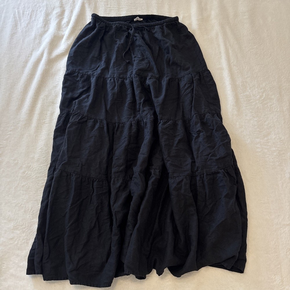 Cotton On Womens Size 6 Black Linen Blend Tiered Long Skirt