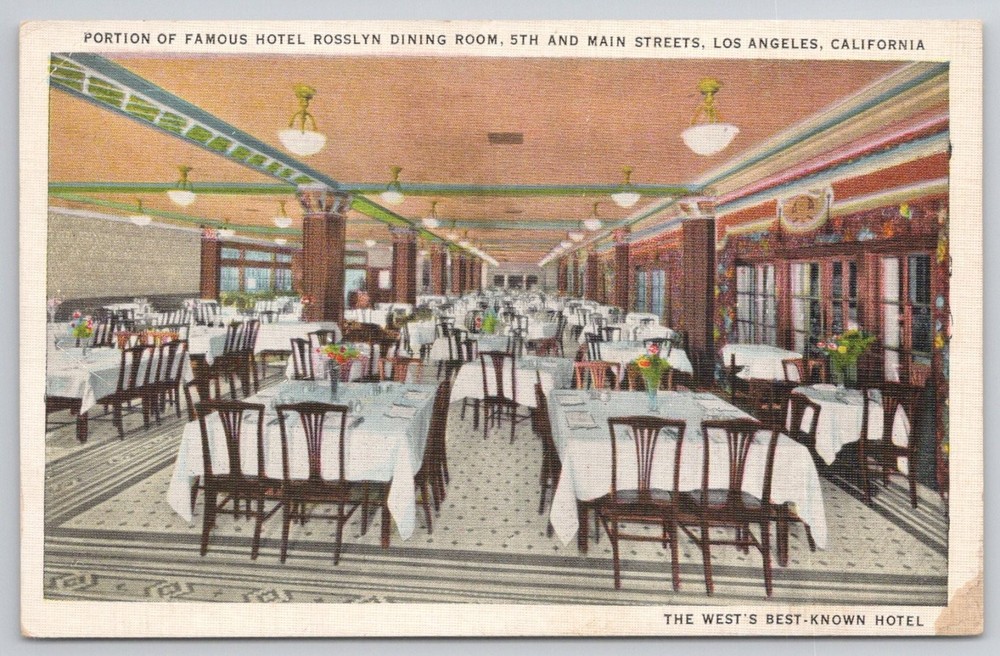 Hotel Rosslyn Dining Room Los Angeles CA Linen Postcard Tichnor Quality Views