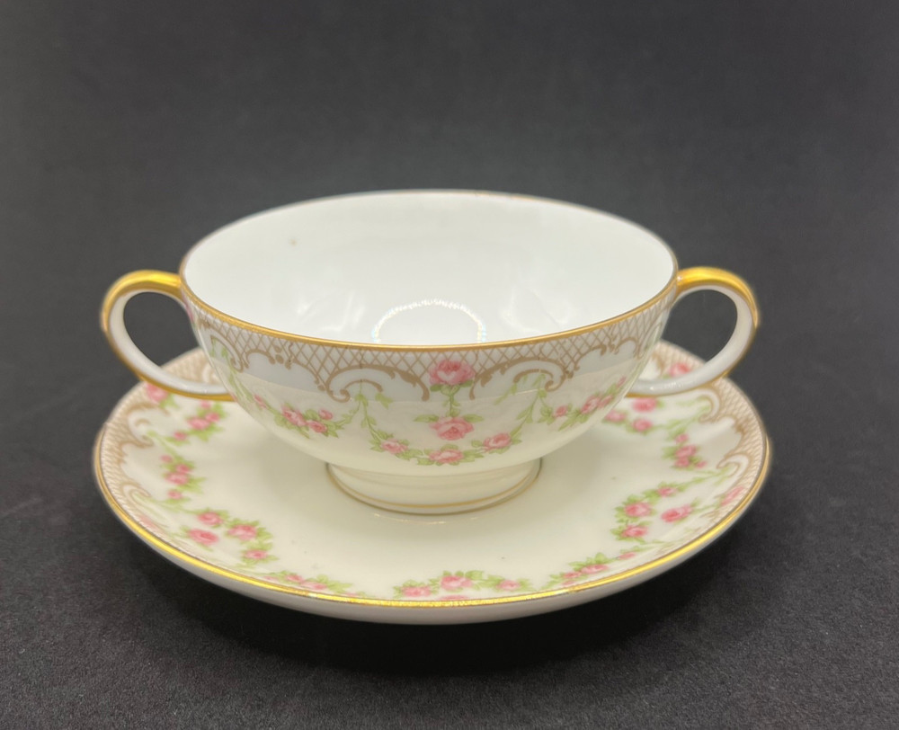 Antique Wm Guerin Limoges Cream Soup Cup Saucer Set Double Handled Bouillon Rose
