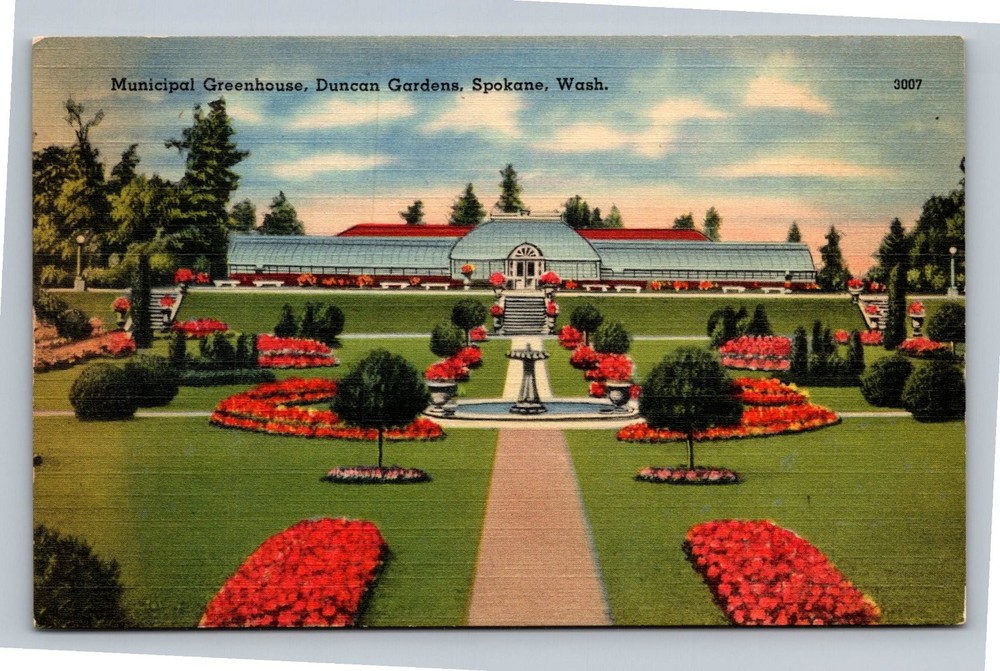 Vintage Spokane WA Municipal Greenhouse Duncan Gardens Linen Postcard