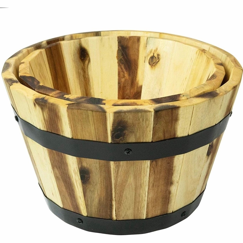 Acacia Half Whisky Barrel Planter Set - 2 Pack (18 Inch)