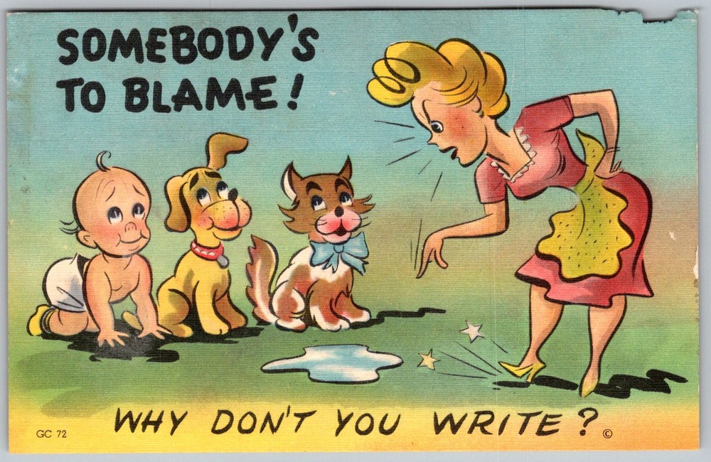 Vtg Linen Postcard Somebody's To Blame Cartoon Asheville, NC 1950s