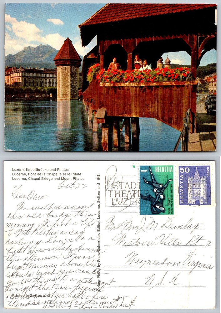 Vintage Lucerne Chapel Bridge & Mt Pilatus Postcard Switzerland 1966 Posted