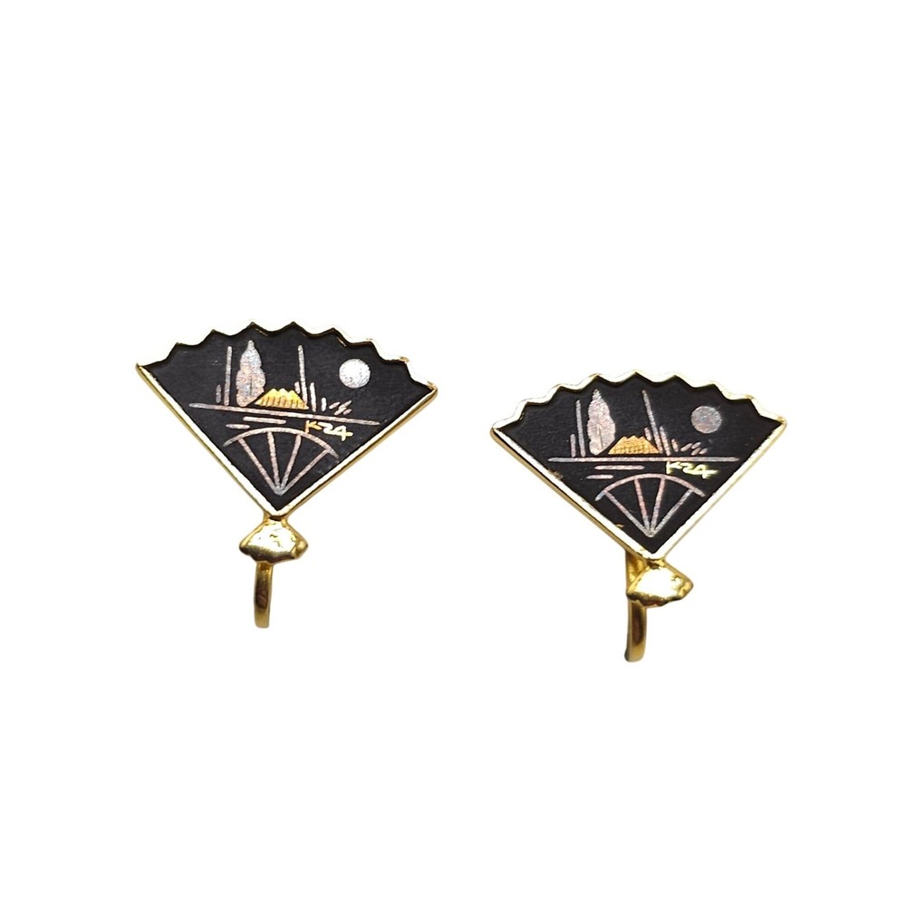 Japanese Damascene Fan Earrings Gold Black Screw Back 1 Inch Vintage Jewelry