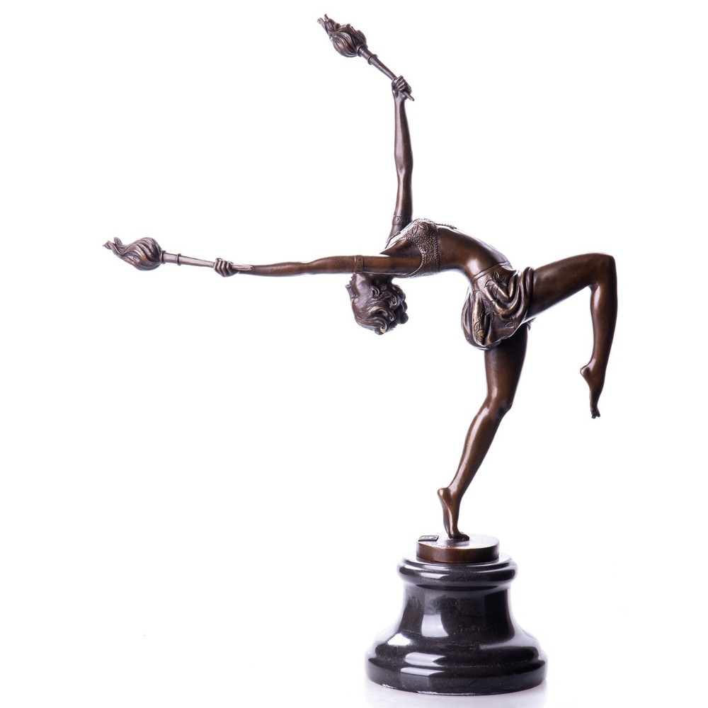 Art Deco Bronze Dancer with Torches on Marble Base
