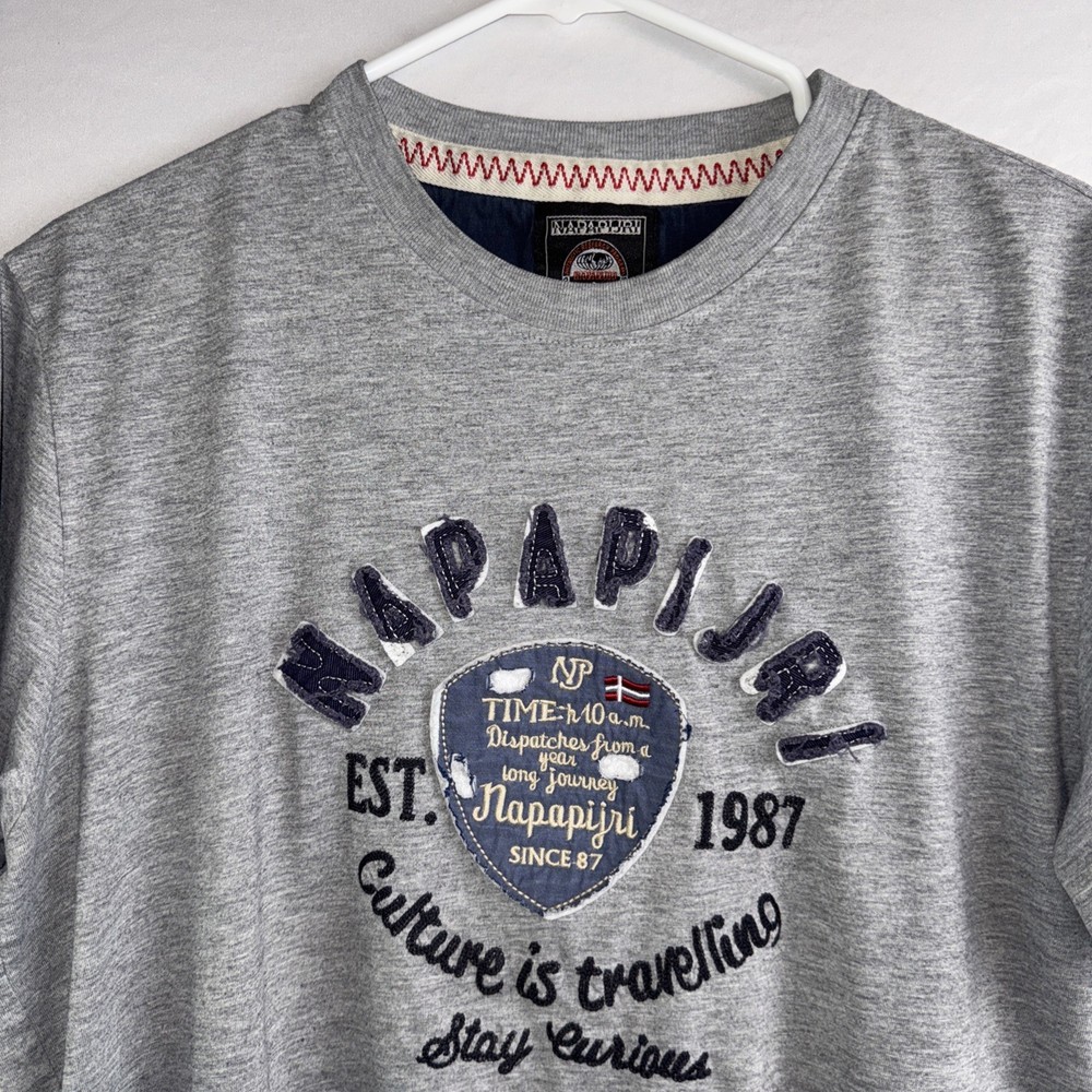 Napapijri T-Shirt Mens X-Large Gray XL Short Sleeves Cotton Casual Flag Patches