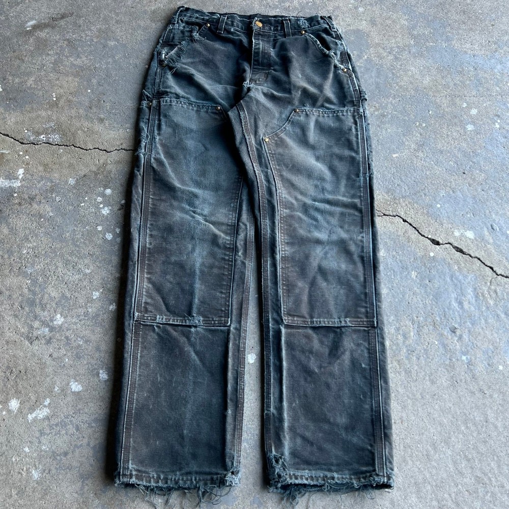 Vintage carhartt faded black distressed double knee work wear carpenter pants