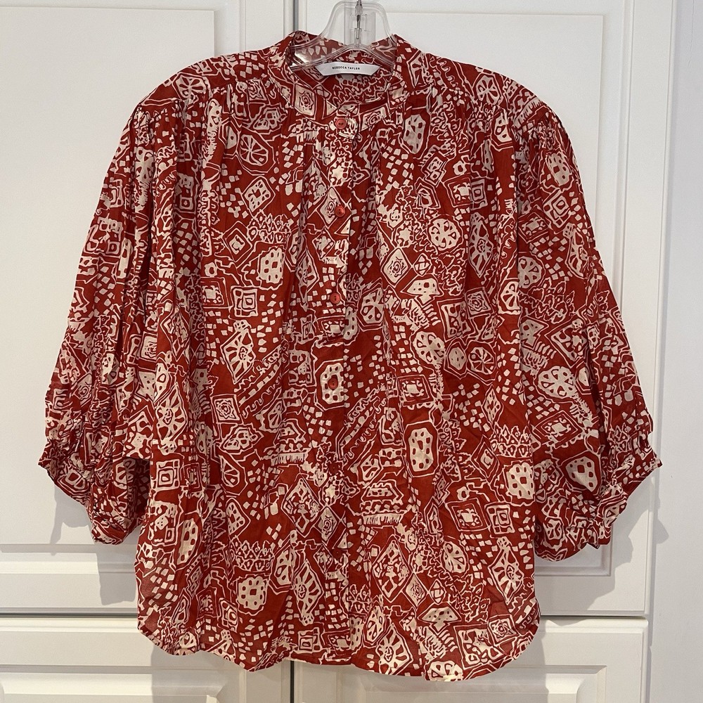 Rebecca Taylor Labyrinth Cotton Top Size Medium NWT Red Clay Flowy Modest Blouse
