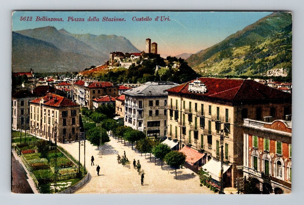 Switzerland- Bellinzona Public Square Uri Castle Old Post Vintage c1910 Postcard