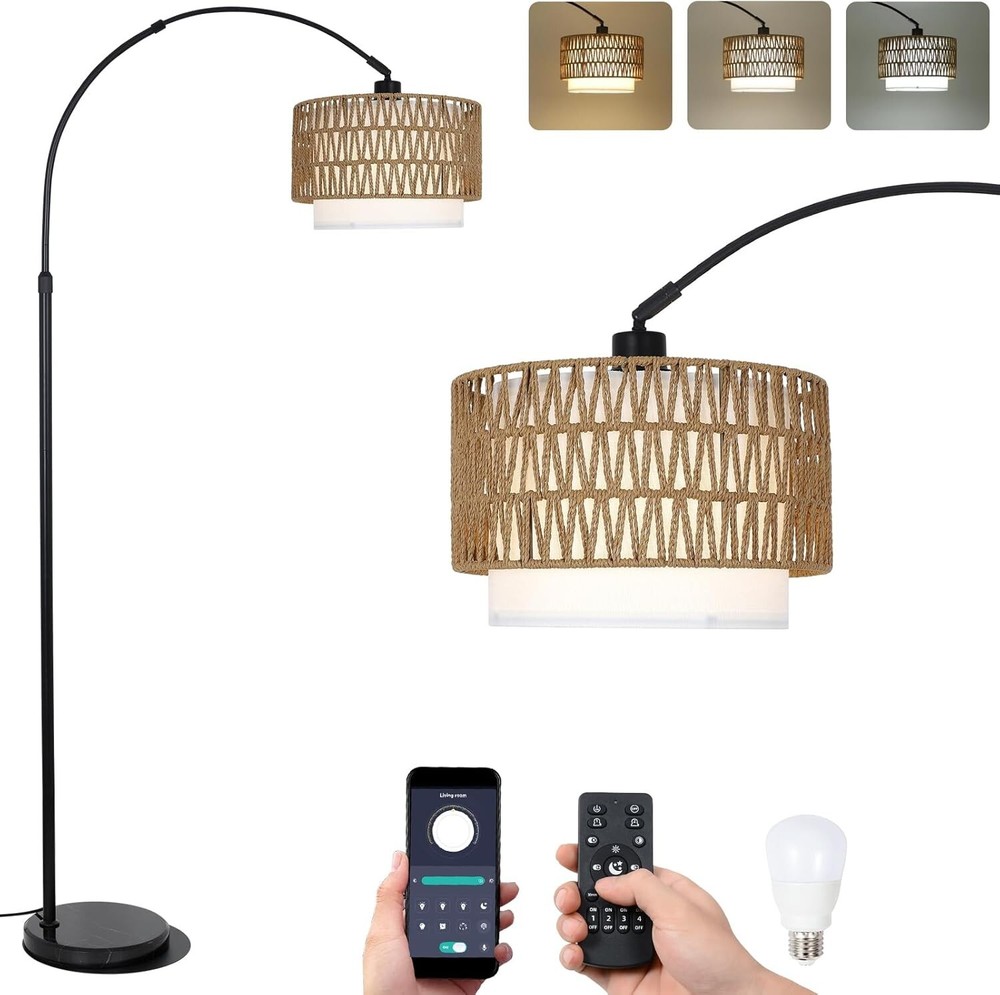 Arc Floor Lamp with Remote, Modern LED Floor Lamp with Dimmable Bulb, Boho Farmh