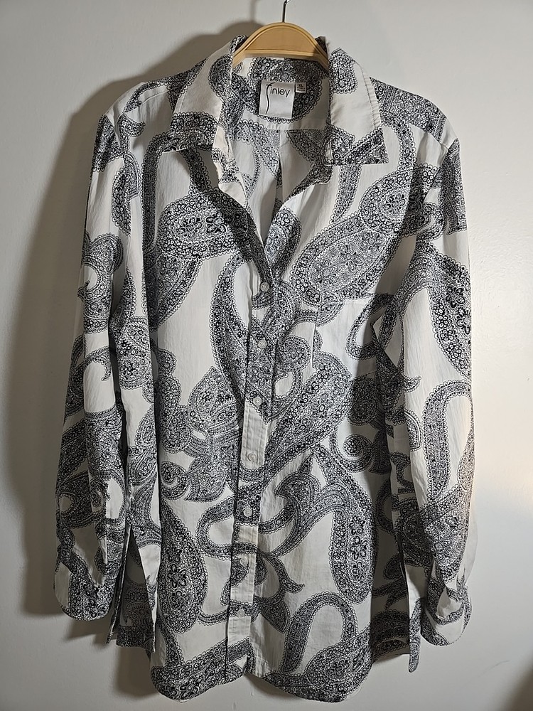 Finley Button Down Black White Paisley Shirt Blouse Size XL Long Sleeve