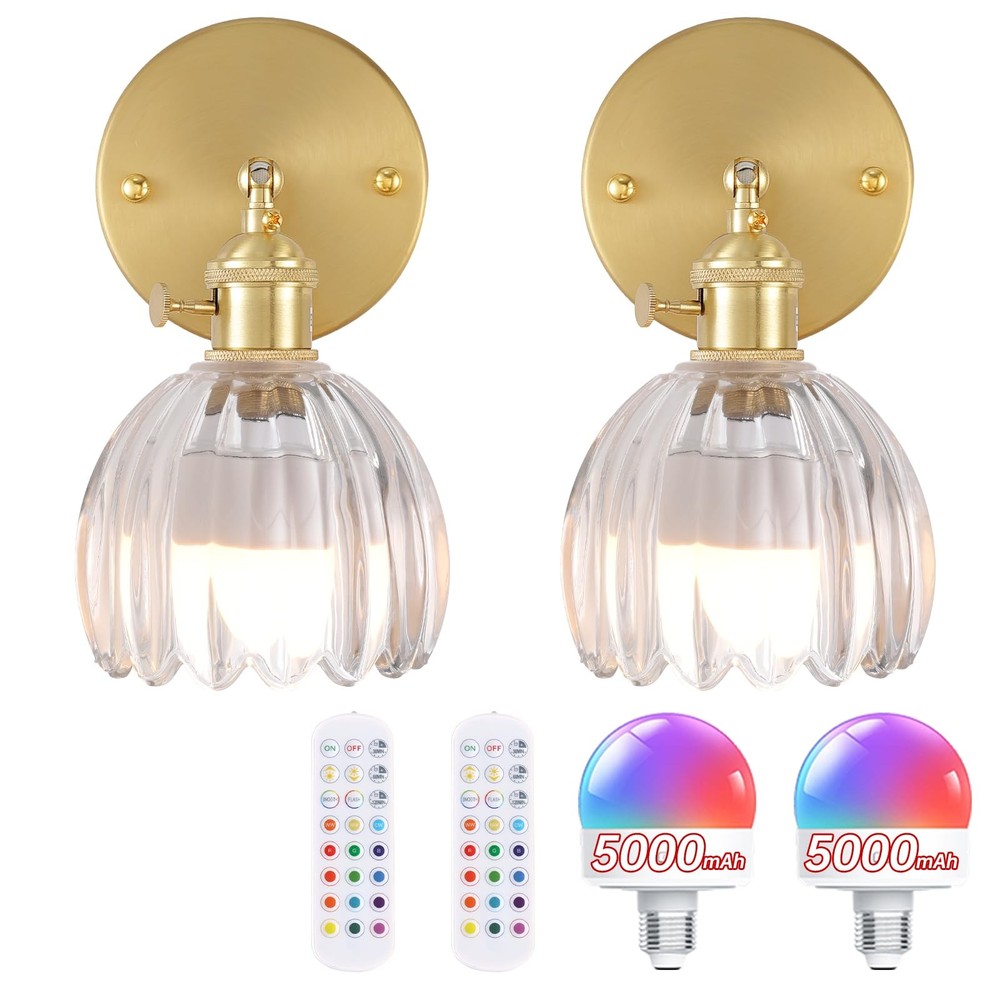 Vintage Battery Operated Wall Sconce with Clear Tulip Glass Lampshade 5000 mA...