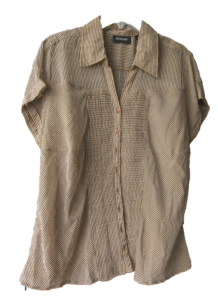 Size 18/20 Avenue Short Sleeve Blouse Top Brown striped Sheer Ruffles