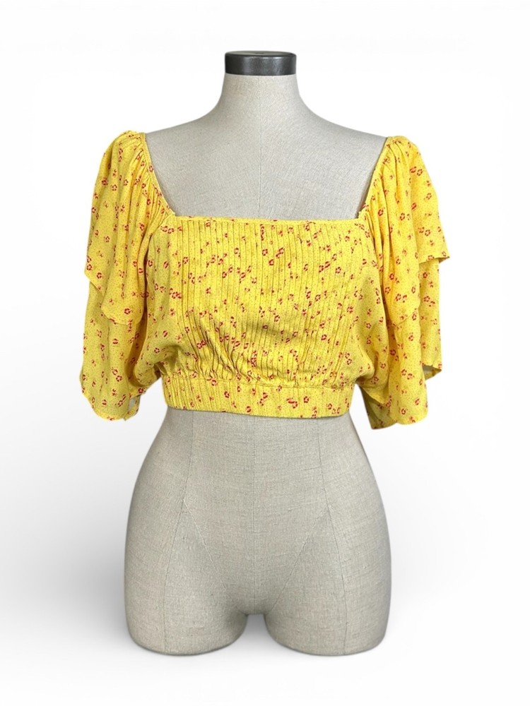 CHASER Doheny Crop Top Sz L Yellow Red Floral Print Polka Dot Ruffled Sleeve Vis