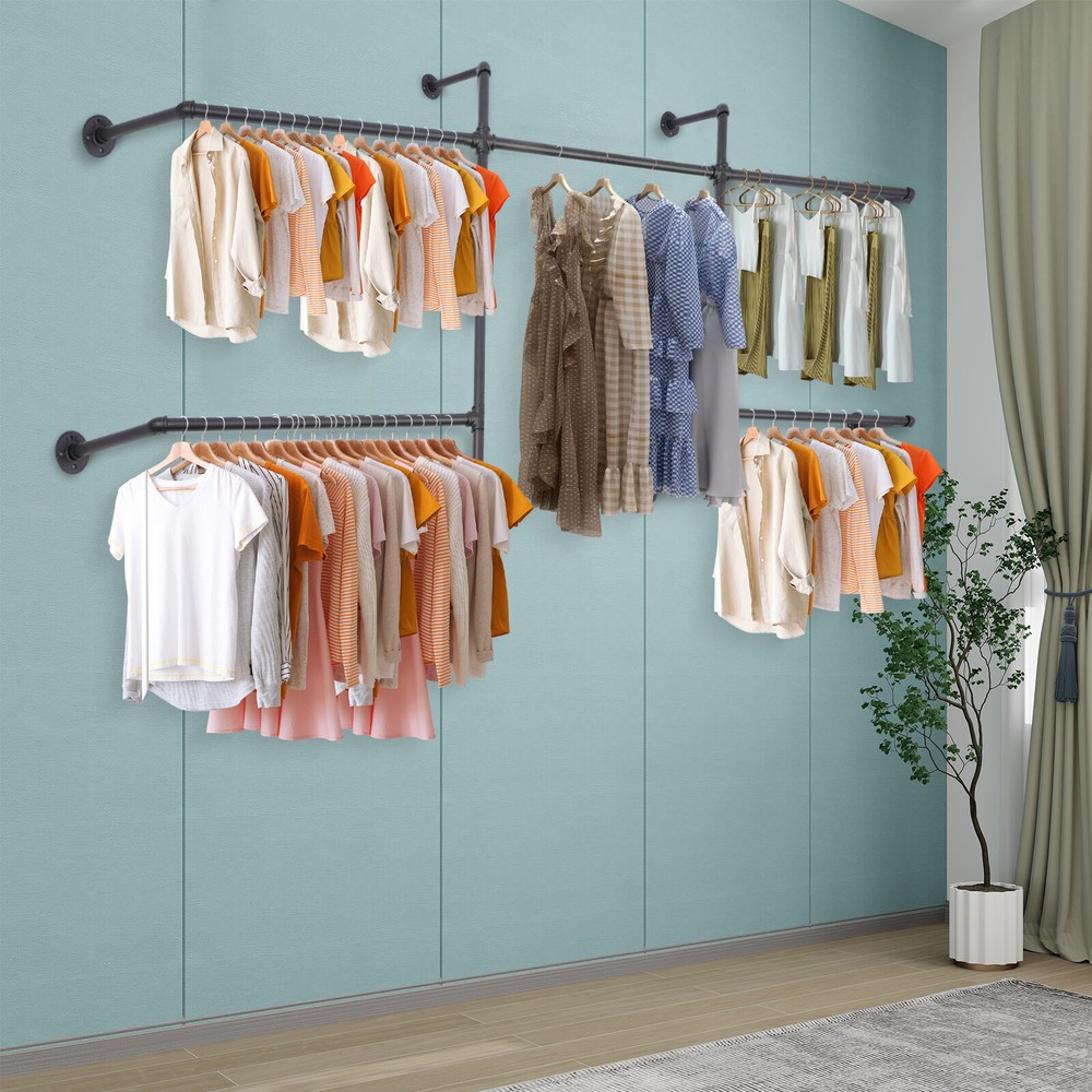 Industrial Pipe Wall-Mounted Garment Rack for Closet Storage in Black