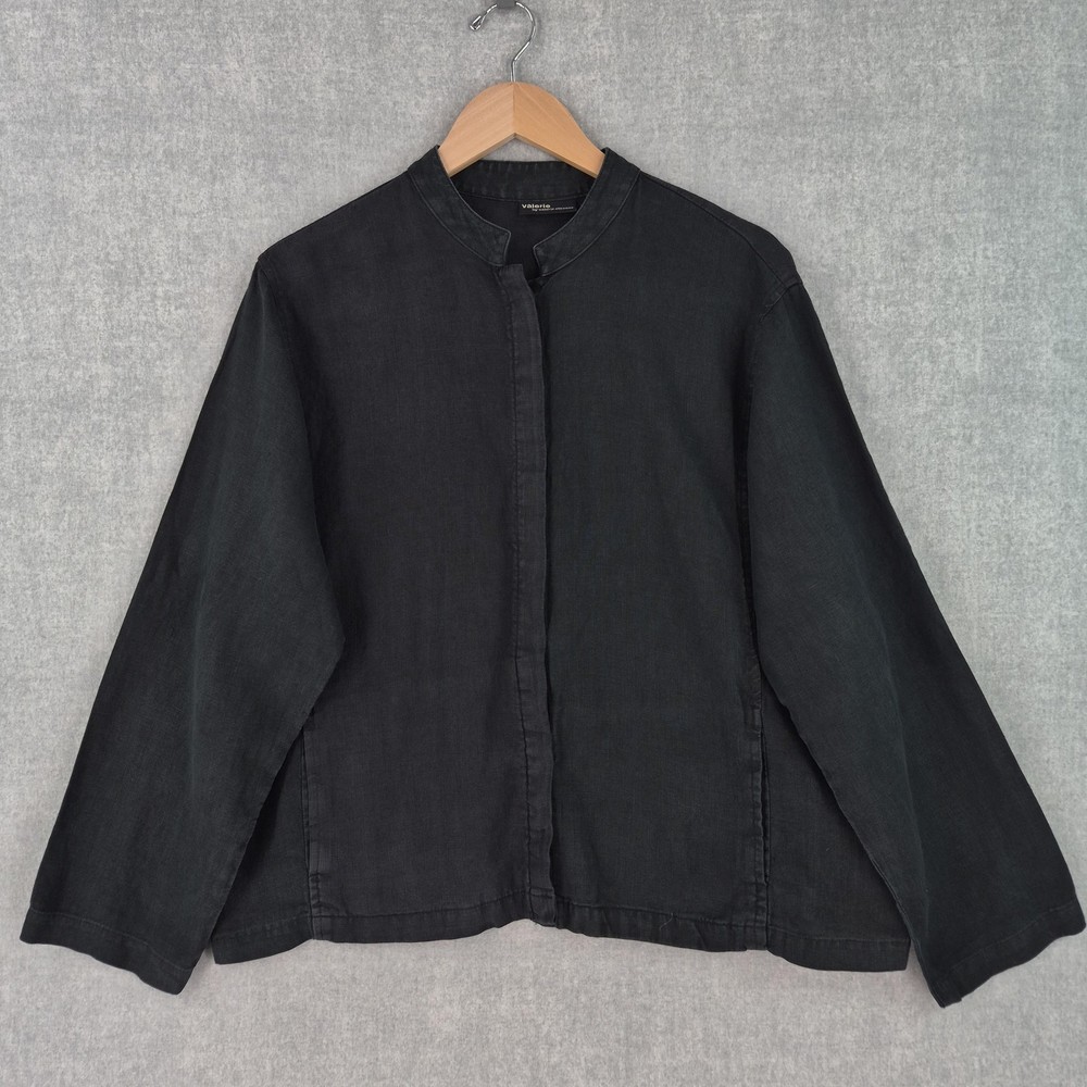 Vintage Valerie Stevens Linen Blouse Womens XL Black Coastal Resort Button Top