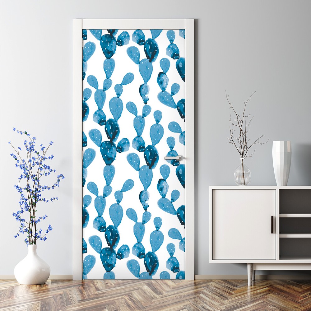 Blue Opuntia Cactus Peel and Stick Self-Adhesive Floral Door Decal