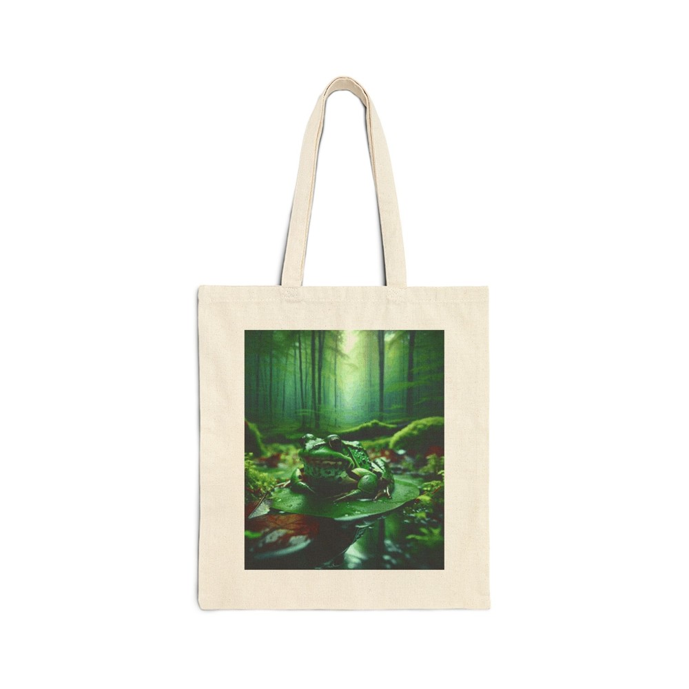 Eco-Friendly Cotton Canvas Tote Bag with Frog in Greenery Design for Daily Use or Gift