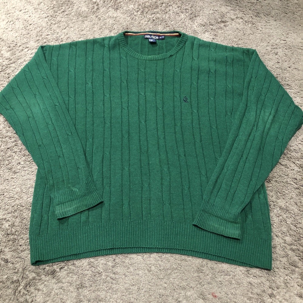 Vintage Nautica Cable Knit Linen Blend Sweater Men XL Green Preppy Fisherman