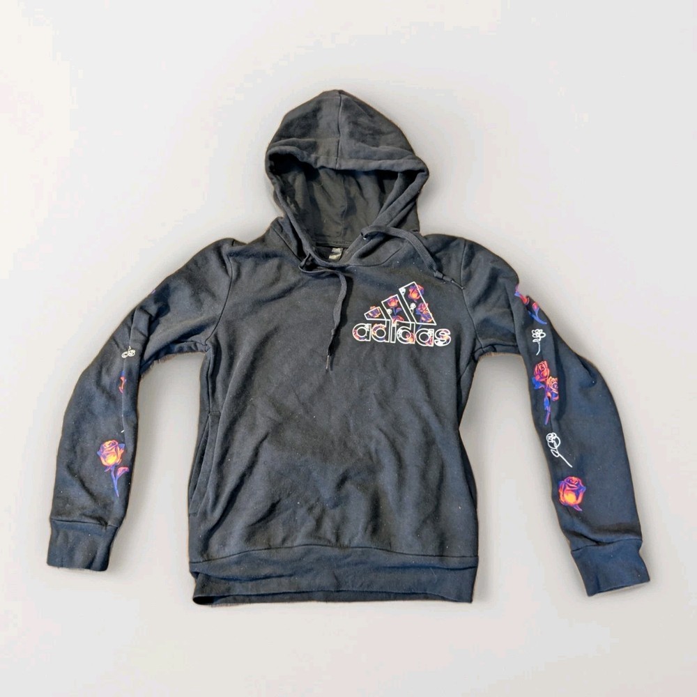 Adidas Women's Size Xs Hoodie Black Floral Pink Sweatshirt Pullover