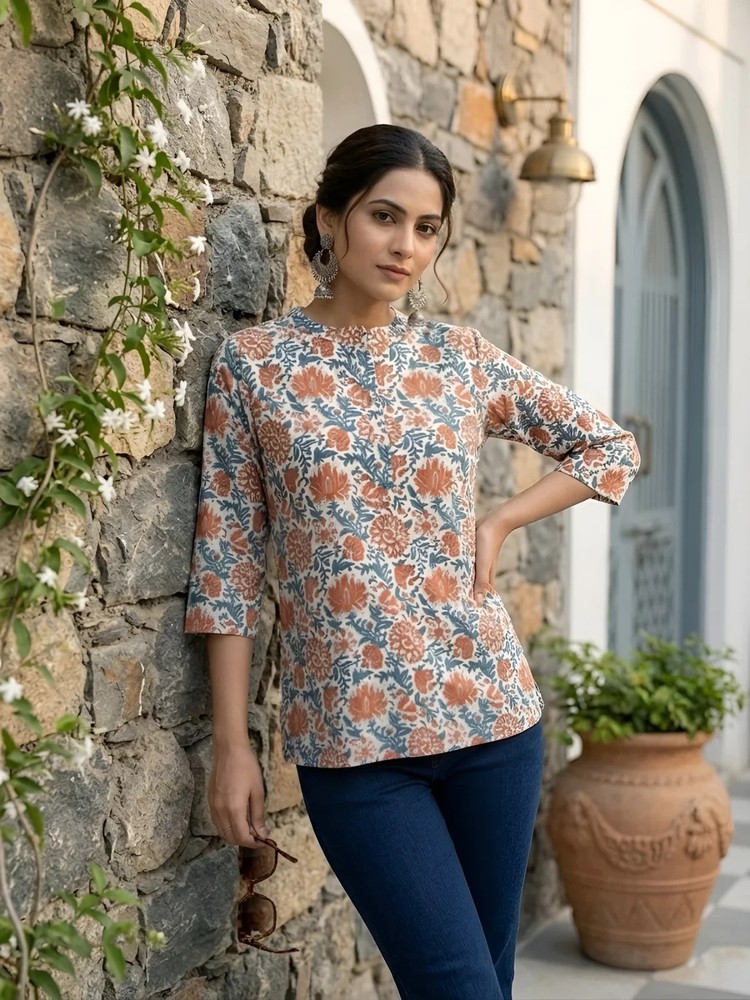Indian Women White Cotton Floral Printed Trending Top Tunic Kurta Kurti Dress