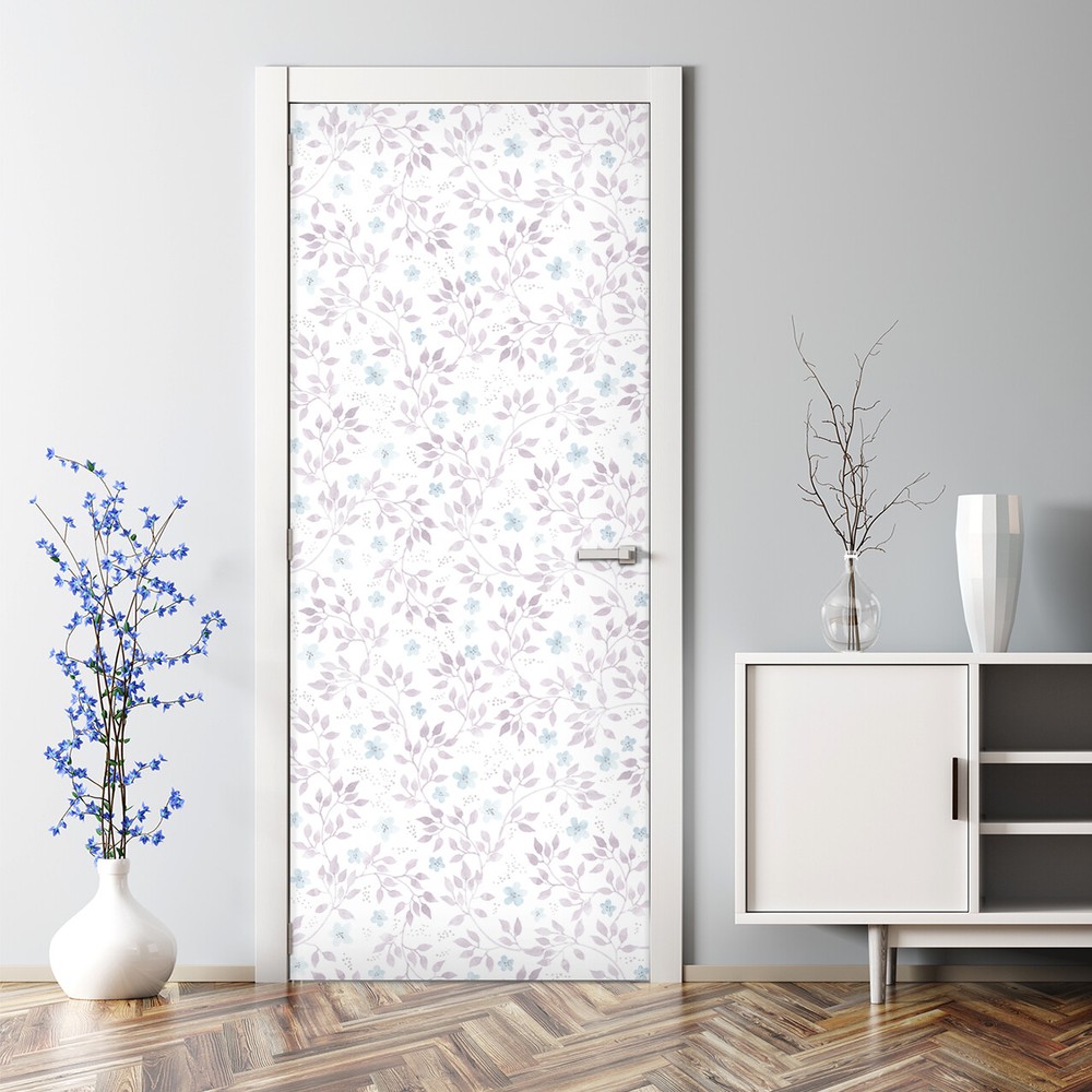 Ditsy flower-sand leaves self-adhesive grey and blue Door Decal wall covering