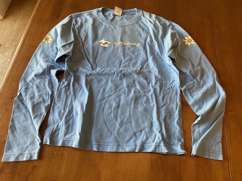 Vintage Y2K Billabong Youth Medium Blue Long Sleeve Shirt W Logo &Flowers. Flaws