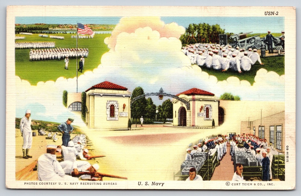 Military~US Navy Composite~Parade~Mess Hall~Rifle Range~1940 Linen Postcard