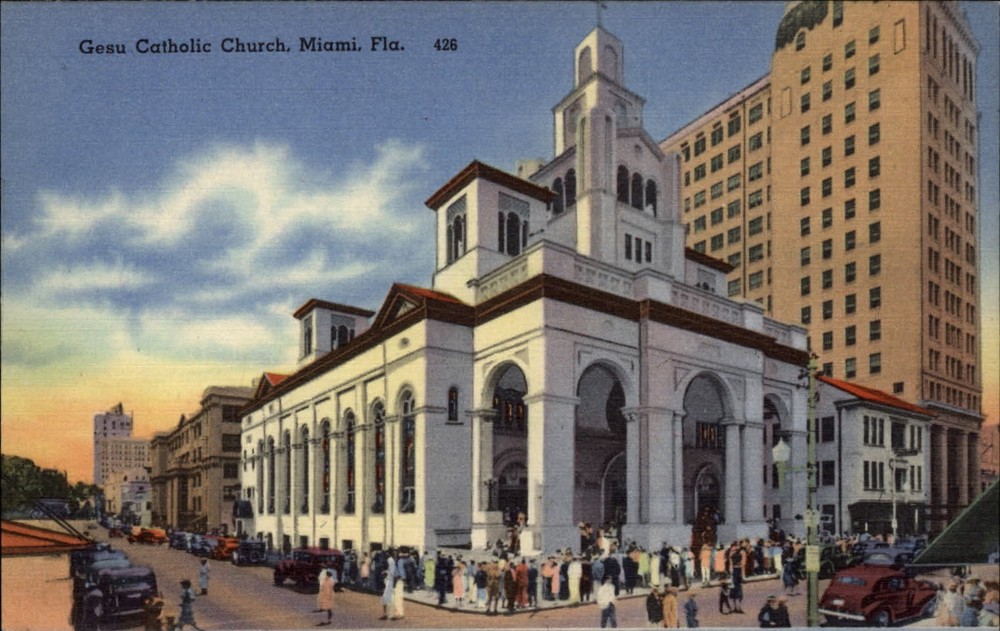 Gesu Catholic Church Miami Florida vintage cars ~ 1940s linen postcard