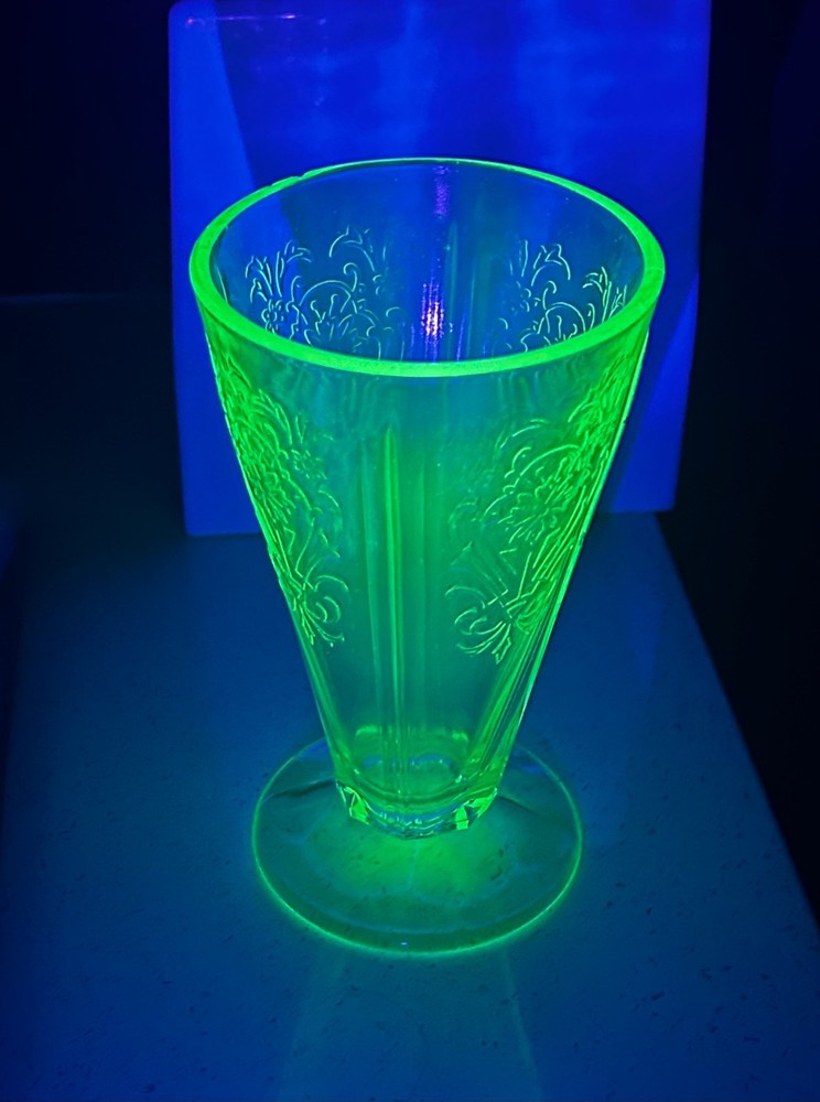 Vintage Uranium Glass Footed Tumbler Primo Paneled Aster Green Depression Glass