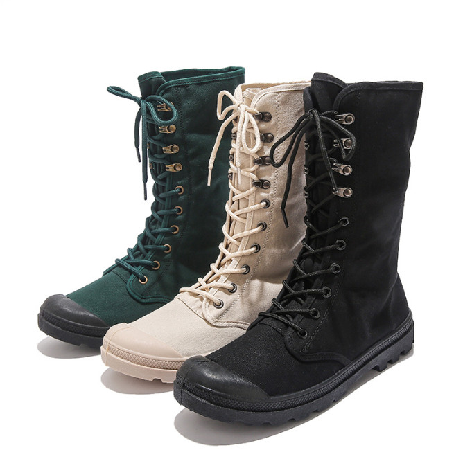Men's Mid Calf Canvas Boots Fashion Solid Color Shoes High Top Desert Sneakers