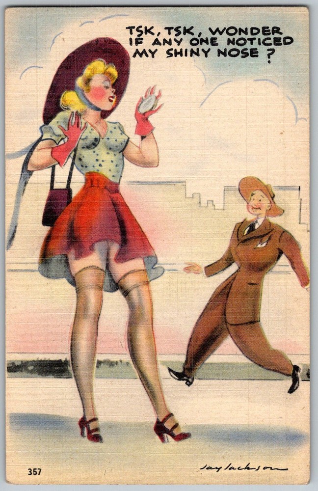 Vtg Linen Postcard Glamour Girl Pinup Cartoon 1940s