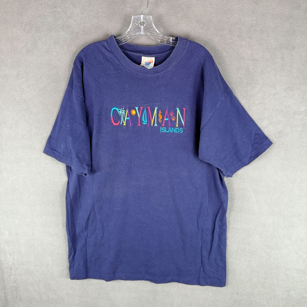 Vintage Embroidered Mens Shirt Cayman Islands Hefty Navy Blue Single Stitch 2XL
