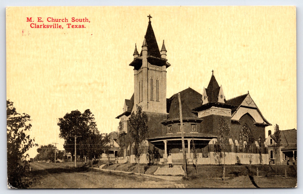 Vintage Postcard Methodist Episcopal Church Tower Road Clarksville Texas Usa