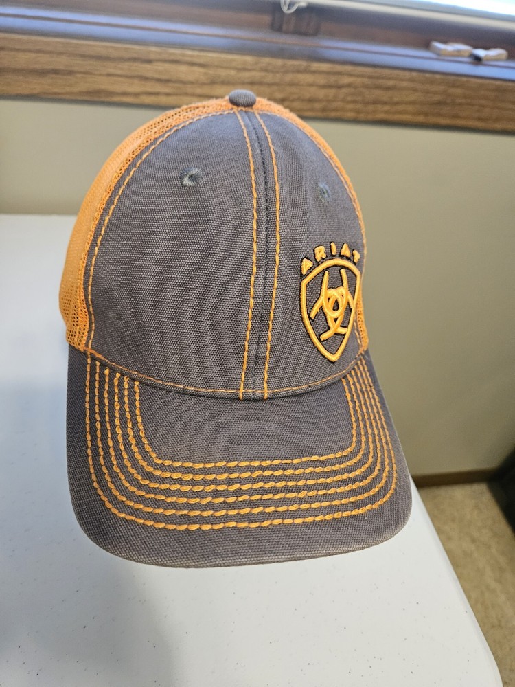 Ariat Mens Hat Baseball Cap Mesh Snap Back Orange And Gray