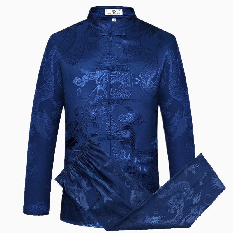 Blue Chinese Traditiona Men Tang Suit Sets Long Sleeve Long Pants Kung Fu Suit
