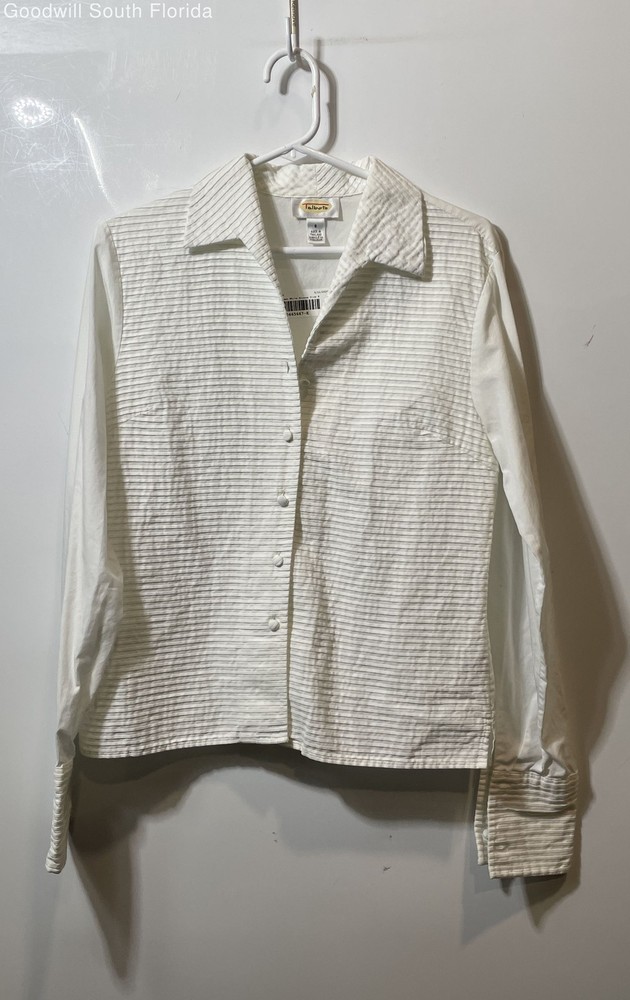 Talbots Womens White Striped Textured Cotton Long Sleeve Button-Up Shirt Size 8