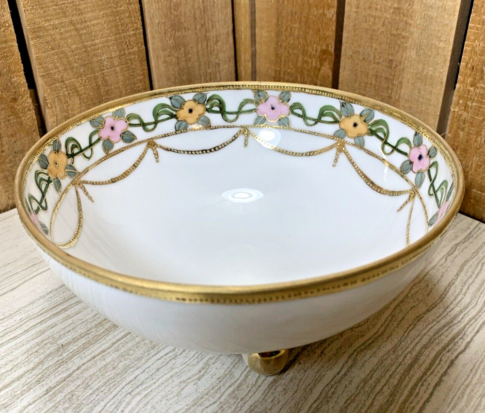 Vintage Nippon Hand Painted 3 Footed Pink Yellow Green Gold Porcelain Bowl Dish