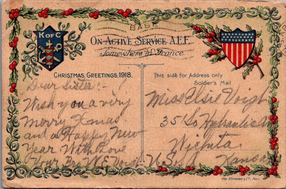 1918 WWI AEF Christmas Postcard Knights of Columbus France to Wichita KS