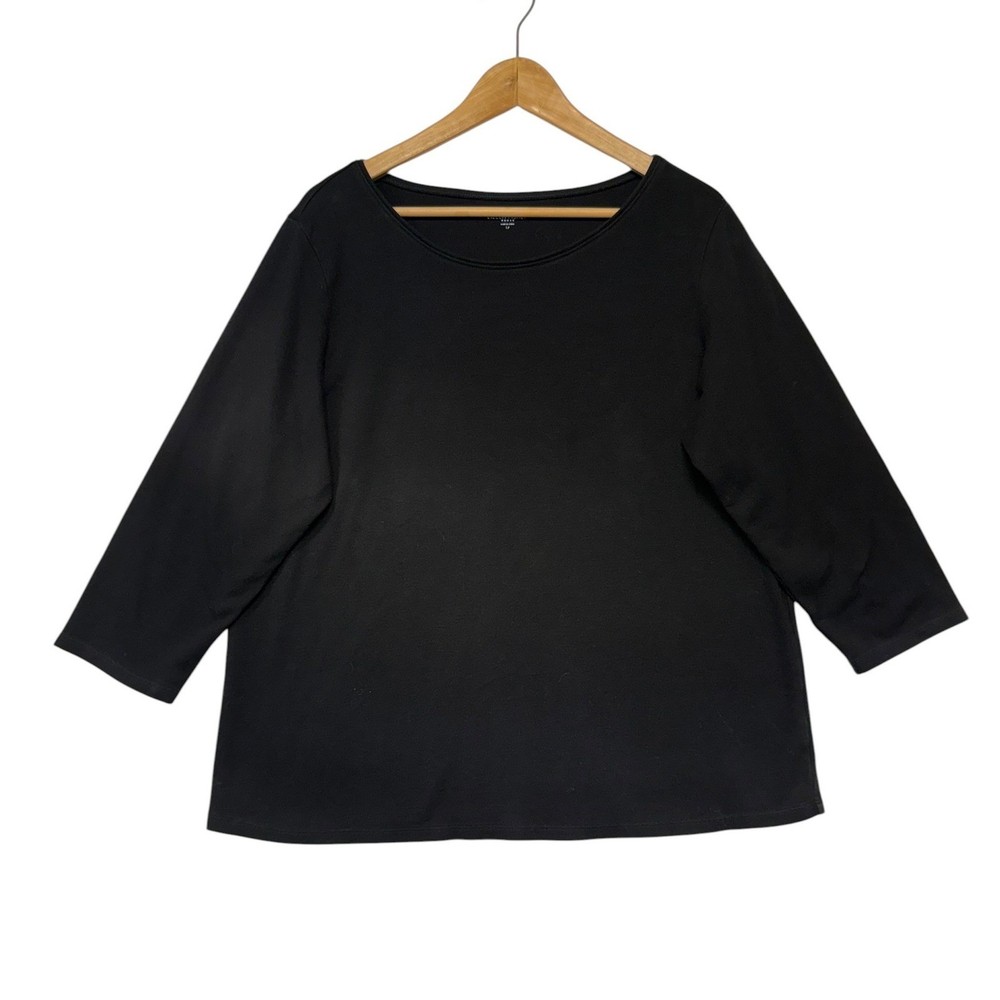 Eileen Fisher Woman Black 100% Cotton 3/4 Sleeve Scoop Neck Top Size 1X