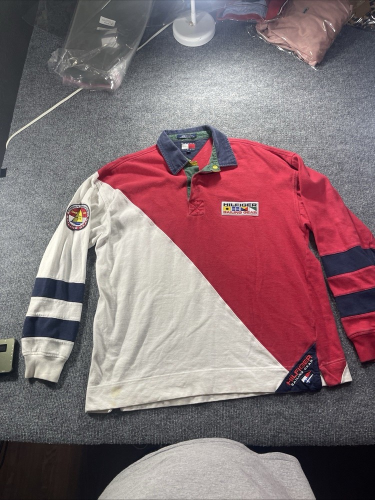 VTG Tommy Hilfiger Sailing Gear Rugby Polo Long Sleeve Shirt Colorblock Men’s L