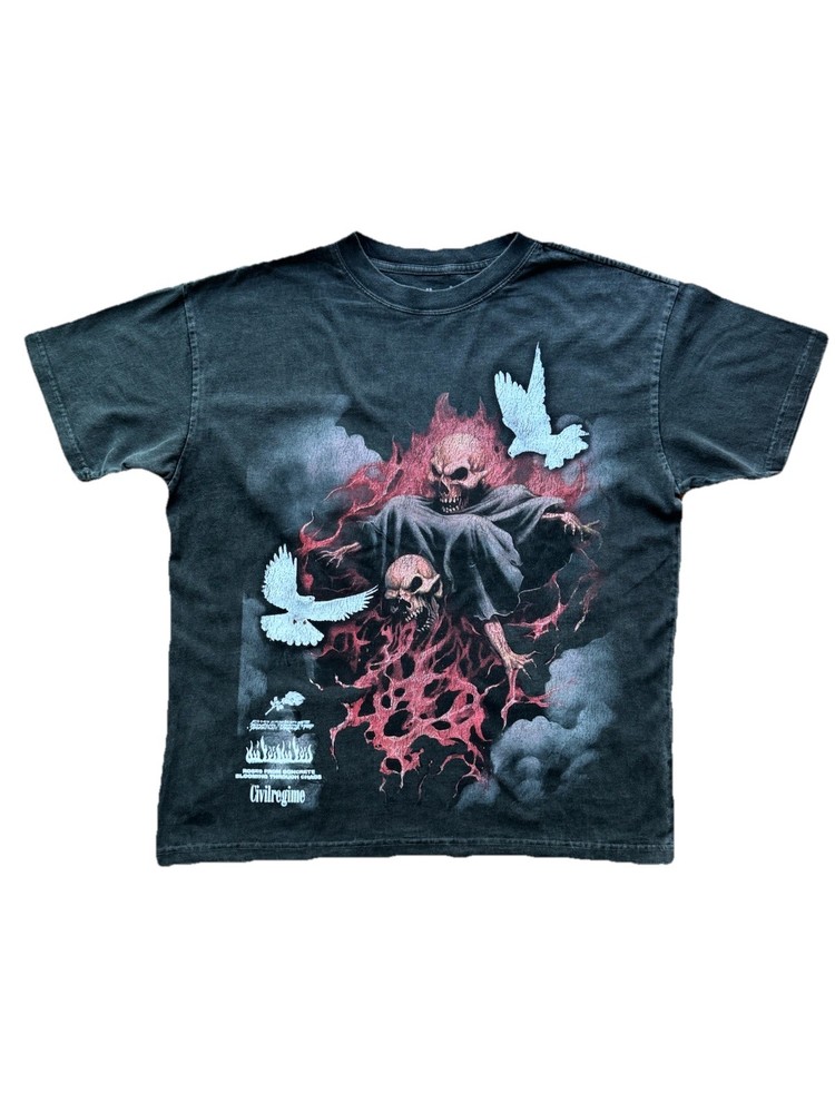 CIVIL REGIME SIZE LARGE SKULL FIRE DOVES GRAPHIC BLACK MEN'S T-SHIRT
