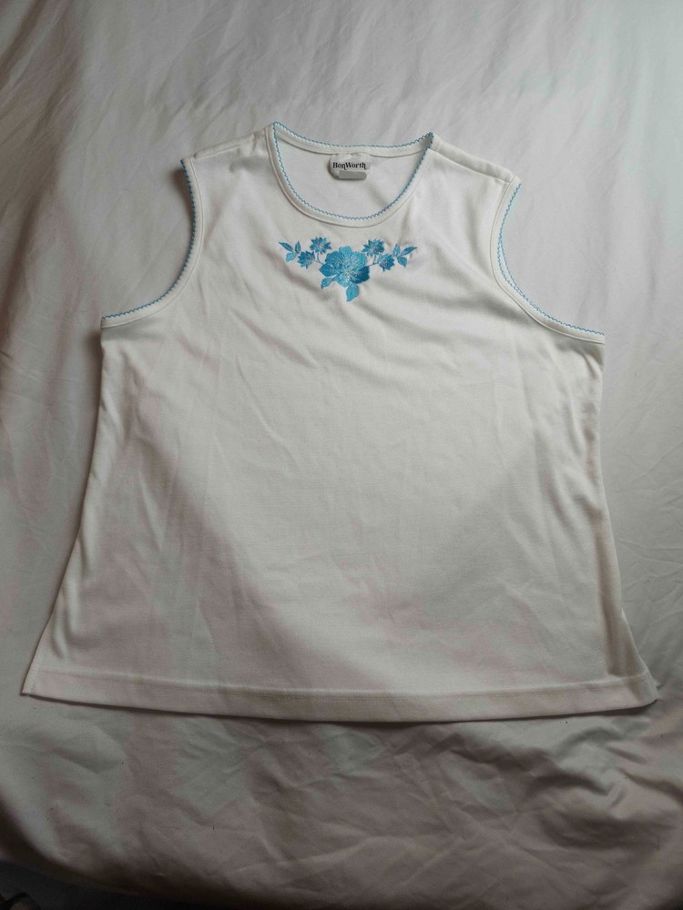 Vintage 90s BonWorth Tank Top Womens L Petite Floral Embroidered Cottagecore Y2K