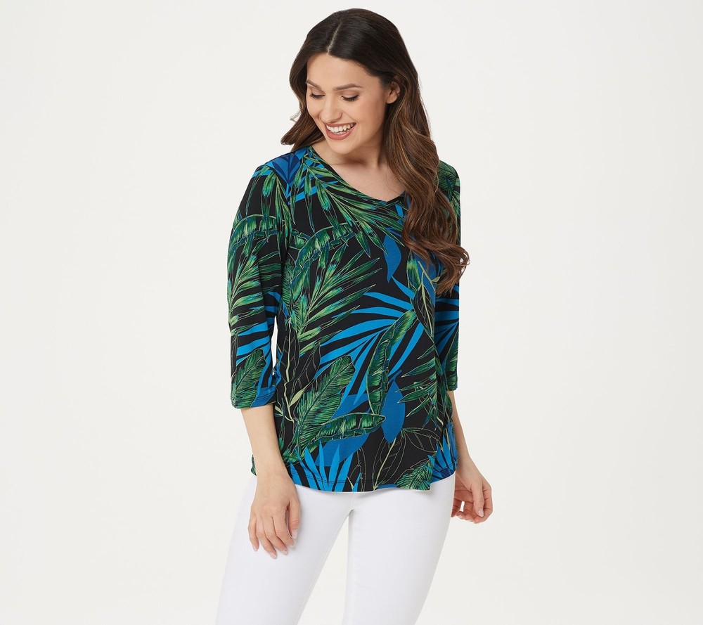 Fashion Women's Top Sz XL Printed Liquid Knit V-neck Sleeve Green A225581