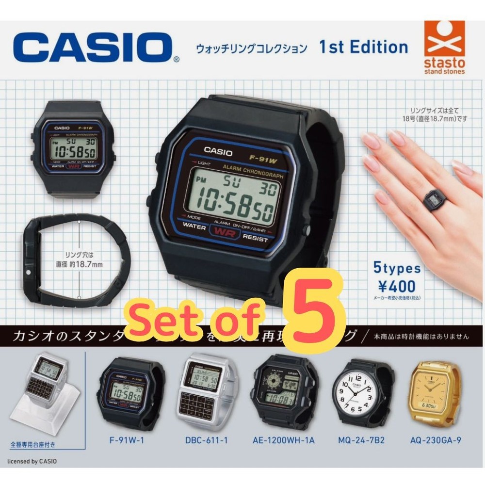 CASIO Watch Ring Collection 1st Complete Set of 5 Capsule toy w/ Stand New Japan